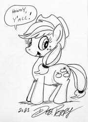 Size: 1917x2661 | Tagged: safe, artist:debmervin, applejack, earth pony, pony, g4, black and white, grayscale, hat, monochrome, traditional art, word bubble