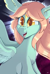Size: 1390x2048 | Tagged: safe, artist:storyteller, oc, oc only, oc:searchlight, pegasus, pony, chest fluff, colored pupils, female, mare, open mouth, open smile, smiling, solo, wing ears, wings