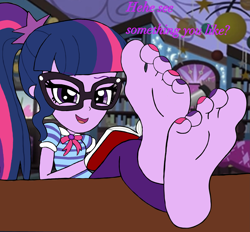 Size: 2757x2564 | Tagged: safe, artist:zeekthatgeek, sci-twi, twilight sparkle, human, equestria girls, g4, bedroom, book, clothes, feet, feet on table, feet up, female, fetish, foot fetish, foot focus, glasses, high res, looking at you, nail polish, soles, solo, toenail polish, toenails, toes