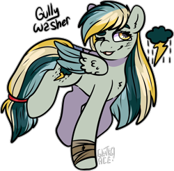 Size: 1920x1892 | Tagged: safe, artist:sexygoatgod, oc, oc only, oc:gully washer, pegasus, pony, adoptable, bandage, chest fluff, colored wings, colored wingtips, concave belly, ear fluff, female, folded wings, golden eyes, magical lesbian spawn, offspring, one eye closed, open mouth, parent:applejack, parent:rainbow dash, parents:appledash, simple background, solo, transparent background, walking, wings, wink, yellow eyes