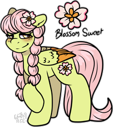 Size: 1650x1855 | Tagged: safe, artist:sexygoatgod, oc, oc only, oc:blossom sweet, pegasus, pony, adoptable, female, magical lesbian spawn, offspring, parent:fluttershy, parent:granny smith, parents:grannyshy, simple background, solo, transparent background