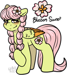 Size: 1650x1855 | Tagged: safe, artist:sexygoatgod, oc, oc only, oc:blossom sweet, pegasus, pony, adoptable, blushing, female, magical lesbian spawn, offspring, parent:fluttershy, parent:granny smith, parents:grannyshy, simple background, solo, transparent background