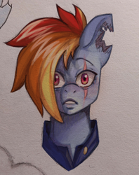 Size: 3376x4271 | Tagged: safe, artist:chacarron, artist:tendocake, rainbow dash, pegasus, pony, g4, alternate timeline, apocalypse dash, bust, collaboration, crystal war timeline, digitally colored, eye scar, facial scar, mixed media, portrait, scar, thousand yard stare, torn ear, traditional art