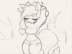 Size: 999x748 | Tagged: safe, artist:arwencuack, applejack, earth pony, anthro, g4, abs, applejack's hat, arm hooves, belly, belly button, cowboy hat, female, hat, midriff, monochrome, muscles, simple, sketch, solo, stretching