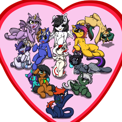 Size: 2000x2000 | Tagged: oc name needed, source needed, safe, artist:aryn, oc, oc:awya lightfeather, oc:axtus, oc:fizark catto, oc:line art, oc:nebula eclipse, oc:notetaker, oc:swing time, earth pony, monster pony, original species, pegasus, pony, tatzlpony, unicorn, ear piercing, heart, heterochromia, high res, piercing