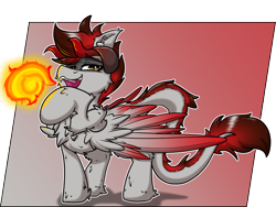 Size: 2000x1500 | Tagged: oc name needed, source needed, safe, artist:aryn, oc, oc only, dracony, dragon, hybrid, chest fluff, colored wings, fireball, gradient background, gradient wings, lidded eyes, open mouth, open smile, smiling, solo, wings