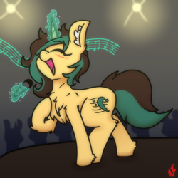 Size: 2000x2000 | Tagged: oc name needed, source needed, safe, artist:aryn, oc, pony, unicorn, chest fluff, ear fluff, high res, microphone, music notes, open mouth, singing