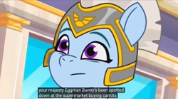 Size: 1536x853 | Tagged: safe, edit, edited screencap, screencap, zoom zephyrwing, pegasus, pony, g5, my little pony: tell your tale, the hunt for eggmund bunny, spoiler:g5, spoiler:my little pony: tell your tale, spoiler:tyts01e48, caption, female, guardsmare, implied eggman, mare, meme, pegasus royal guard, royal guard, youtube caption