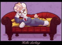 Size: 1280x933 | Tagged: safe, artist:auroracursed, svengallop, earth pony, pony, g4, bedroom eyes, clothes, couch, glasses, hoof on head, male, necktie, reclining, solo, stallion, stupid sexy svengallop, sultry pose