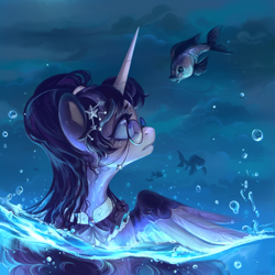 Size: 2048x2048 | Tagged: oc name needed, safe, artist:jewellier, oc, oc only, alicorn, fish, pony, accessory, alicorn oc, bubble, female, glasses, glowing, high res, horn, long hair, long horn, mare, partially submerged, solo, standing in water, underwater, water, water droplet, wings