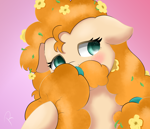 Size: 3580x3080 | Tagged: safe, artist:reinbou, pear butter, earth pony, pony, g4, blushing, cute, female, floppy ears, flower, flower in hair, high res, mare, pearabetes, pink background, simple background, solo