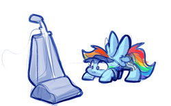 Size: 1409x880 | Tagged: safe, artist:zutcha, rainbow dash, pegasus, pony, g4, behaving like a cat, behaving like a dog, clothes, colored sketch, cute, fear, female, mare, scared, simple background, sketch, solo, spread wings, vacuum cleaner, wavy mouth, white background, wings