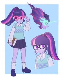 Size: 1444x1791 | Tagged: safe, artist:dotoriii, sci-twi, twilight sparkle, human, equestria girls, g4, book, clothes, female, glasses, midnight sparkle, skirt, smiling, solo, sweater