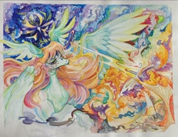 Size: 2048x1573 | Tagged: safe, artist:slimeprints, oc, oc only, oc:searchlight, pegasus, pony, colored pencil drawing, detailed, female, lidded eyes, mare, mixed media, solo, traditional art, watercolor painting, wing ears, wings