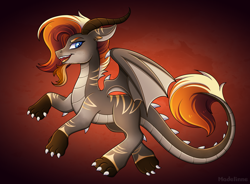 Size: 5432x3992 | Tagged: safe, alternate version, artist:madelinne, oc, oc only, oc:living flame, dragon, big horn, blue eyes, brown mane, claws, dracony oc, dragon-pony hybrid, dragonified, ginger mane, gray fur, happy, horn, horns, male, solo, species swap, stripes, tail