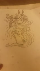 Size: 1080x1920 | Tagged: safe, artist:meekcheep, artist:shythedeadlymouse, fluttershy, bird, pegasus, pony, g4, antlers, butt, druid, female, flutterbutt, flying, frog (hoof), monochrome, pencil drawing, plot, redraw, solo, staff, traditional art, underhoof