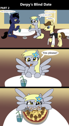 Size: 1920x3516 | Tagged: safe, artist:platinumdrop, derpy hooves, oc, earth pony, pegasus, pony, unicorn, comic:derpy's blind date, g4, 3 panel comic, blind date, bowtie, burger, chair, cheese, clothes, comic, commission, crumbs, date, dialogue, diner, drink, eating, excited, facial hair, female, flower, flower in hair, folded wings, food, happy, indoors, looking at each other, looking at someone, looking at you, male, mare, messy, messy eating, moustache, muffin, munching, open mouth, pizza, plate, raised hoof, restaurant, sauce, shirt, shirt with a collar, sitting, smiling, speech bubble, spread wings, stallion, straw, table, talking, tongue out, uniform, vest, waiter, wings