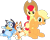 Size: 826x668 | Tagged: safe, artist:porygon2z, apple bloom, applejack, dog, earth pony, pony, semi-anthro, g4, apple sisters, australian cattle dog, belly, bingo heeler, bluey, bluey heeler, cowboy hat, crossover, female, filly, foal, grin, group, hat, looking at you, mare, quartet, siblings, simple background, sisters, smiling, smiling at you, transparent background