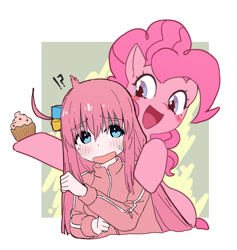Size: 1050x1107 | Tagged: safe, artist:oukawa, pinkie pie, earth pony, human, pony, g4, anime, blushing, bocchi the rock!, crossover, cupcake, female, food, hitori gotoh, looking at each other, looking at someone, mare, open mouth, open smile, pixiv, smiling, tracksuit