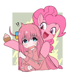 Size: 1050x1107 | Tagged: safe, artist:oukawa, pinkie pie, earth pony, human, pony, g4, anime, blushing, bocchi the rock!, crossover, cupcake, female, food, hitori gotoh, looking at each other, looking at someone, mare, open mouth, open smile, smiling, tracksuit