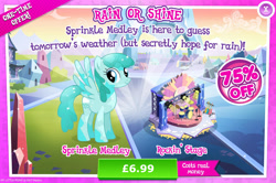 Size: 1961x1301 | Tagged: safe, gameloft, spring melody, sprinkle medley, pegasus, pony, g4, my little pony: magic princess, official, advertisement, costs real money, crystallized, drum kit, drums, english, female, guitar, introduction card, mare, mobile game, musical instrument, numbers, sale, solo, spread wings, stage, text, wings