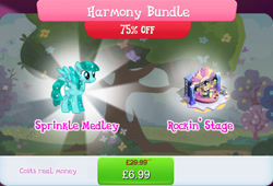 Size: 1267x860 | Tagged: safe, gameloft, spring melody, sprinkle medley, pegasus, pony, g4, my little pony: magic princess, official, bundle, costs real money, crystallized, drum kit, drums, english, female, guitar, harmony bundle, mare, mobile game, musical instrument, numbers, sale, solo, spread wings, stage, text, wings