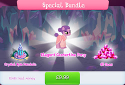 Size: 1263x857 | Tagged: safe, gameloft, idw, earth pony, pony, g4, my little pony: magic princess, official, annika (g4), bundle, bush, clothes, costs real money, english, female, fountain, gem, idw showified, mare, mobile game, numbers, sale, solo, special bundle, text
