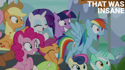 Size: 2000x1125 | Tagged: safe, edit, edited screencap, editor:quoterific, screencap, applejack, bon bon, fluttershy, lily, lily valley, lyra heartstrings, meadow song, minty green, pinkie pie, rainbow dash, rarity, scootaloo, sweetie drops, twilight sparkle, alicorn, earth pony, pegasus, pony, unicorn, g4, the washouts (episode), applejack's hat, cowboy hat, female, filly, foal, hat, mane six, mare, open mouth, outdoors, sitting, smiling, tree, twilight sparkle (alicorn)