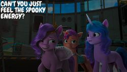 Size: 2000x1125 | Tagged: safe, edit, edited screencap, editor:quoterific, screencap, izzy moonbow, pipp petals, sunny starscout, earth pony, pegasus, pony, unicorn, g5, my little pony: make your mark, my little pony: make your mark chapter 4, top remodel, spoiler:g5, spoiler:my little pony: make your mark, spoiler:my little pony: make your mark chapter 4, spoiler:mymc04e02, canterlogic factory, dialogue, female, fluttershy's cutie mark, folded wings, looking at each other, looking at someone, mane stripe sunny, mare, pins, rainbow dash's cutie mark, satchel, trio, twilight sparkle's cutie mark, wings