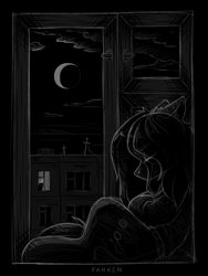 Size: 1357x1804 | Tagged: safe, artist:dipfanken, oc, oc only, earth pony, pony, crescent moon, monochrome, moon, solo, window