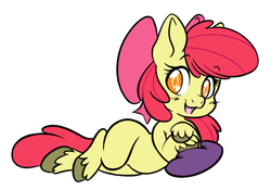 Size: 2388x1668 | Tagged: safe, artist:steelsoul, apple bloom, earth pony, pony, g4, fangs, female, filly, foal, lying down, open mouth, pillow, simple background, solo, unshorn fetlocks, white background, wingding eyes