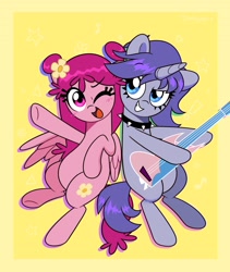 Size: 2700x3200 | Tagged: safe, artist:darkynez, pegasus, pony, unicorn, ami onuki, blushing, collar, cute, electric guitar, female, grin, guitar, hi hi puffy ami yumi, high res, mare, musical instrument, one eye closed, ponified, rule 85, smiling, spiked collar, wink, yumi yoshimura