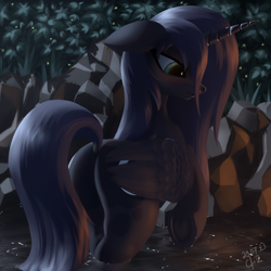 Size: 2560x2560 | Tagged: safe, artist:cherrymocaccino, princess luna, alicorn, pony, g4, bush, butt, copy and customize, dock, female, forest, grass, high res, mare, moonbutt, plot, scenery, solo, tail, water
