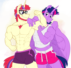 Size: 3235x3072 | Tagged: safe, artist:ponyanony, moondancer, twilight sparkle, alicorn, unicorn, anthro, comic:my big ballers, g4, abs, beard, biceps, body hair, buff, chest hair, clothes, duo, duo male, dusk shine, facial hair, flexing, gay, glasses, grope, gym shorts, high res, himbo, himbo dusk shine, himboification, lunar waltz, male, muscles, muscular male, partial nudity, pecs, rule 63, stallion, tight clothing, topless, twilight sparkle (alicorn), wings
