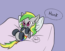 Size: 1361x1080 | Tagged: safe, artist:happy harvey, oc, oc only, oc:wheely bopper, original species, pegasus, pony, wheelpone, bed, bed hair, cute, ear fluff, ears back, female, looking up, lying down, mare, meme, on back, pegasus oc, phone drawing, rainbow, what are we gonna do on the bed?, wheel