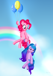Size: 2480x3508 | Tagged: safe, artist:leonkay, izzy moonbow, pinkie pie, earth pony, pony, unicorn, g4, g5, assisted flying, balloon, cloud, duo, duo female, female, floating, generational ponidox, gradient mane, gradient tail, high res, holding on, izzy and her heroine, mare, open mouth, open smile, rainbow, signature, sky, smiling, tail, then watch her balloons lift her up to the sky, unshorn fetlocks
