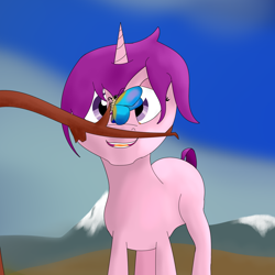 Size: 1482x1482 | Tagged: safe, artist:kujivunia, oc, oc only, butterfly, pony, unicorn, cropped, dead tree, female, field, happy, mountain, smiling, snow, solo, tree, tree branch