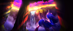 Size: 4853x2080 | Tagged: safe, artist:itssim, princess luna, alicorn, pony, g4, female, high res, looking away, mare, scenery, solo, tail, tree, wallpaper, water, waterfall, windswept mane, windswept tail