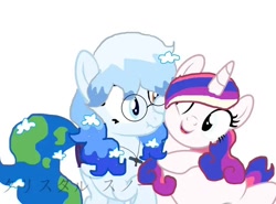 Size: 704x520 | Tagged: artist needed, safe, oc, oc:altersmay earth, oc:crystal snow, alicorn, pegasus, pony, colored wings, duo, duo female, female, glasses, heterochromia, japanese, jewelry, looking at each other, looking at someone, necklace, one eye closed, open mouth, open smile, planet ponies, ponified, raised hoof, simple background, smiling, watermark, white background, wings