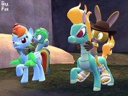 Size: 2569x1920 | Tagged: safe, artist:gradiusfanatic, rainbow dash, tianhuo (tfh), oc, dragon, hybrid, longma, pegasus, pony, rabbit, squirrel, them's fightin' herds, g4, 3d, animal, community related, crossover, dragoness, female, male, sonic oc, sonic the hedgehog, sonic the hedgehog (series), source filmmaker