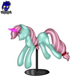 Size: 3840x4154 | Tagged: safe, artist:damlanil, oc, oc:musica melody, pony, unicorn, bondage, clothes, collar, commission, crystal horn, encasement, fake horn, female, horn, inanimate tf, latex, magic, magic aura, mannequin, mannequin tf, mare, no mouth, objectification, pedestal, petrification, ponyquin, rubber, shiny, show accurate, simple background, solo, transformation, transparent background, vector