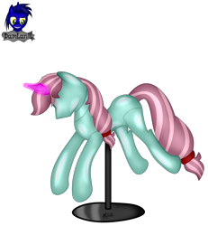 Size: 3840x4154 | Tagged: safe, artist:damlanil, oc, oc:musica melody, pony, unicorn, bondage, clothes, collar, commission, crystal horn, encasement, fake horn, female, horn, inanimate tf, latex, magic, magic aura, mannequin, mannequin transformation, mare, no mouth, objectification, pedestal, petrification, ponyquin, rubber, shiny, show accurate, simple background, solo, transformation, transparent background, vector