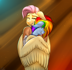 Size: 1534x1488 | Tagged: safe, artist:fluffyorbiter, fluttershy, rainbow dash, pegasus, anthro, g4, abstract background, alternate hairstyle, alternate timeline, alternate universe, amputee, apocalypse dash, apocalypse fluttershy, artificial wings, augmented, clothes, comforting, crying, crystal war timeline, duo, ears back, embrace, emotions, eye clipping through hair, eyes closed, facial scar, female, floppy ears, gritted teeth, hug, lesbian, mare, overalls, prosthetic limb, prosthetic wing, prosthetics, scar, ship:flutterdash, shipping, short hair, show accurate clothing, smiling, tears of joy, teary eyes, teeth, uniform, winghug, wings