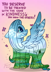 Size: 2048x2896 | Tagged: safe, artist:julunis14, fluttershy, butterfly, pegasus, pony, g4, female, field, gradient background, high res, scenery, smiling, solo, spread wings, text, tree, wings