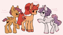 Size: 2048x1158 | Tagged: safe, artist:demonboy, apple bloom, scootaloo, sweetie belle, clydesdale, earth pony, merpony, pegasus, pony, unicorn, g4, alternate cutie mark, bow, cutie mark crusaders, freckles, hair bow, jewelry, necklace, pink background, simple background, small wings, trio, wings