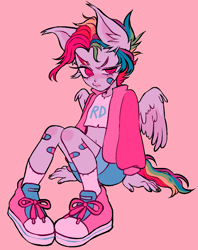 Size: 1038x1310 | Tagged: safe, artist:demonboy, rainbow dash, human, g4, alternate hairstyle, alternate versions at source, bandaid, bra, clothes, converse, crop top bra, eared humanization, humanized, jacket, painted nails, shoes, shorts, solo, tail, tailed humanization, tomboy, underwear, winged humanization, wings