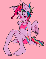 Size: 1038x1310 | Tagged: safe, artist:demonboy, rainbow dash, human, g4, alternate hairstyle, alternate versions at source, bandaid, boxers, bra, clothes, crop top bra, eared humanization, humanized, painted nails, solo, tail, tailed humanization, tomboy, underwear, winged humanization, wings