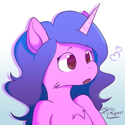 Size: 1760x1760 | Tagged: safe, artist:dariosparks, izzy moonbow, pony, unicorn, semi-anthro, g5, cheek fluff, chest fluff, female, gradient background, heart, human shoulders, icon, solo