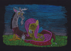 Size: 1024x732 | Tagged: safe, artist:malte279, angel bunny, discord, fluttershy, g4, black background, colored pencil drawing, simple background, traditional art