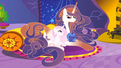Size: 1024x579 | Tagged: safe, artist:velveagicsentryyt, princess celestia, princess luna, oc, oc:queen galaxia, pony, g4, celestia and luna's mother, cewestia, female, filly, looking at each other, looking at someone, lying down, prone, royal sisters, siblings, sisters, woona, younger